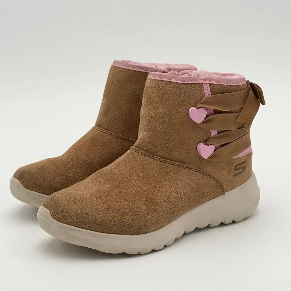 Skechers Girls' GOwalk Joy - Bow-Rific Side Zip-Up Boots in Chestnut Brown Pink
